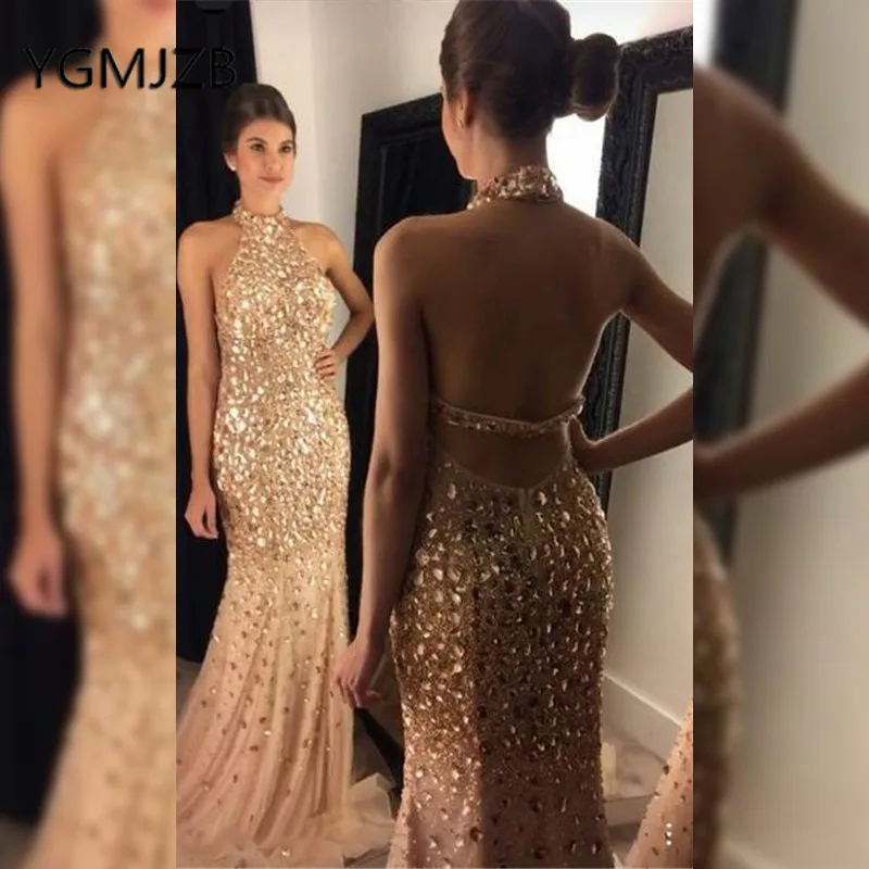 Женское вечернее платье с открытой спиной золотистое длинное Русалка бисером на