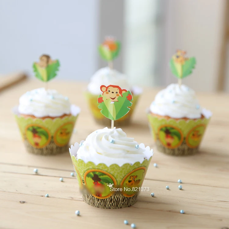 Животные тигр Обезьяна Жираф детский душ украшения обертки для кексов чашки