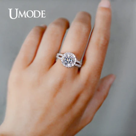 UMODE Кольца для помолвки с покрытием из белого золота и 2 швейцарскими фианитами 2к