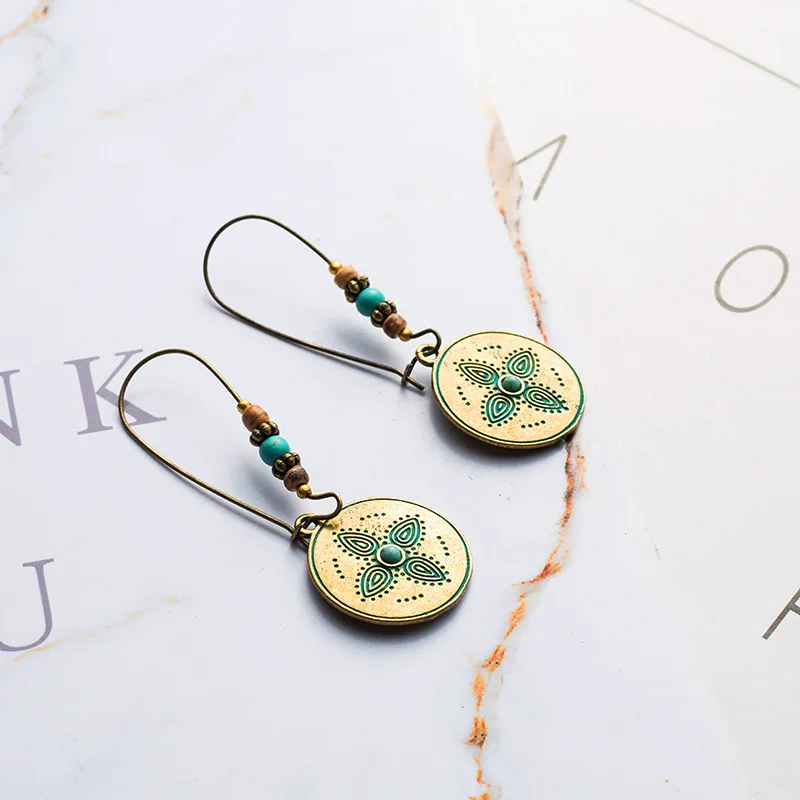 QIANKE Винтаж Большой сплава серьги для Для женщин длинные этнические Boho Бронзовый