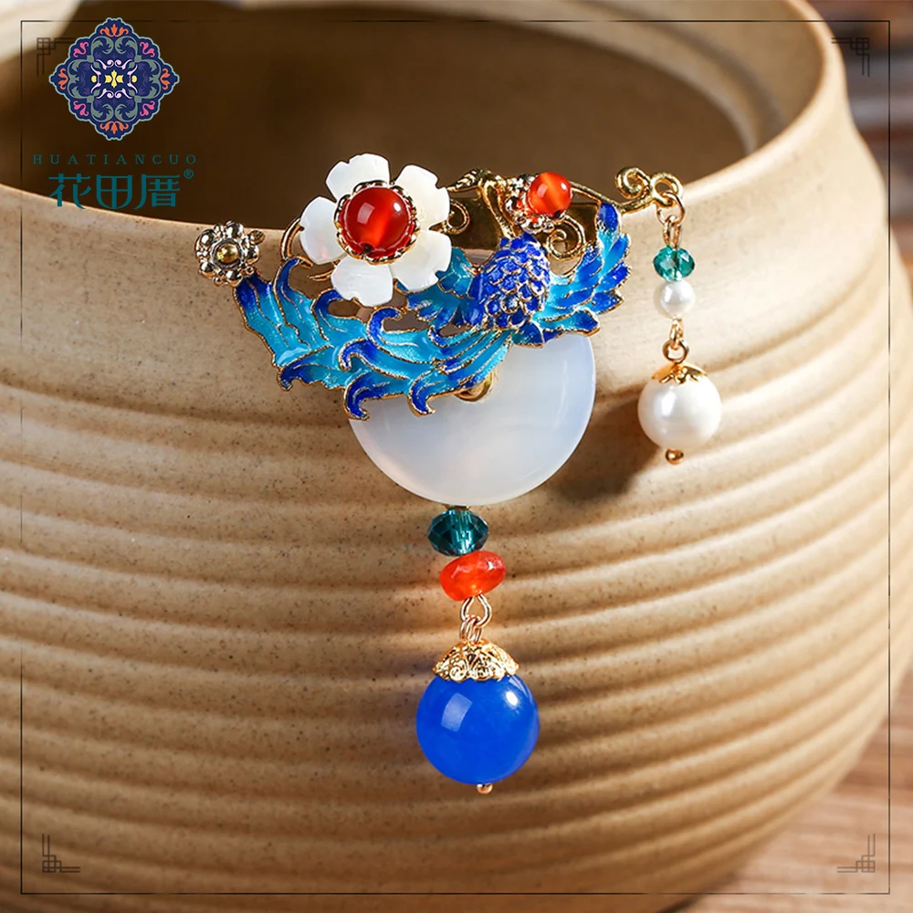 

Ethnic Handmade Blue Phoenix Enamel Pin Brooch White Jad e Shell Flower Pearl Dangle Pendant Brooch XZ-18120
