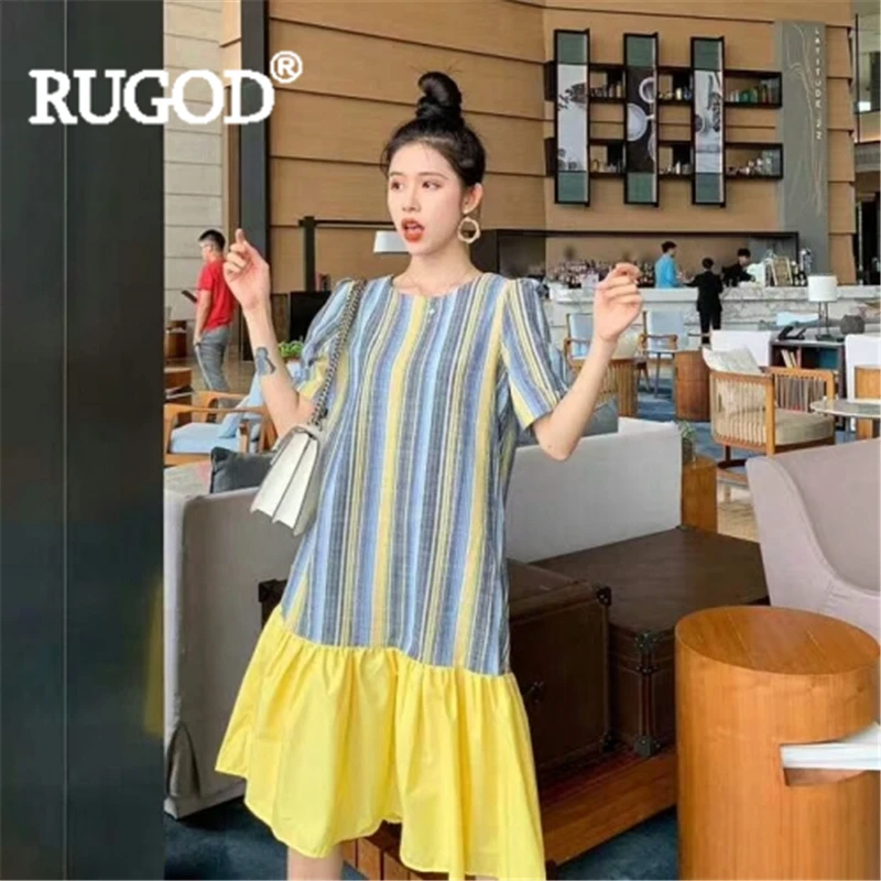 Женское платье в полоску RUGOD стиле пэчворк Длинное свободное с круглым вырезом и