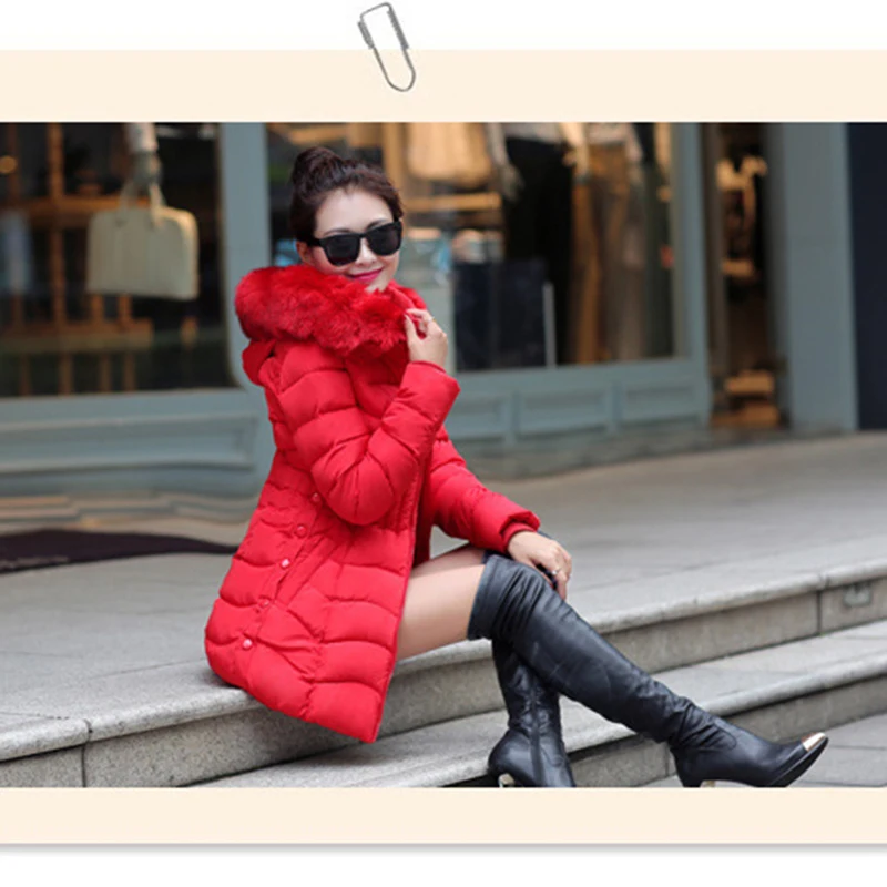 Зимний женский пуховик с меховым капюшоном хлопковое тонкое пальто элегантное