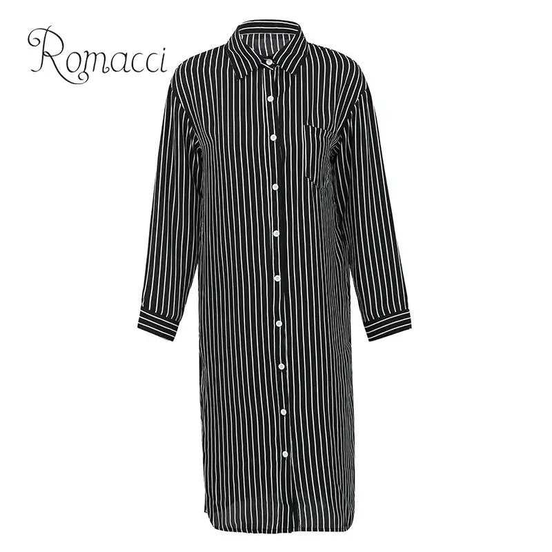 Romacci Women Striped Long Sleeve Shirt Turn-Down Collar Plus Size Kimono Cardigan Autumn Fashion Oversized Tunic Blouse Tops | Женская