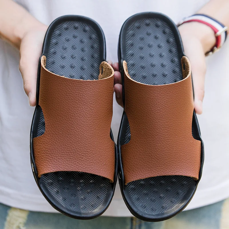 Шлепанцы мужские кожаные Нескользящие амортизирующие удобные плоская подошва