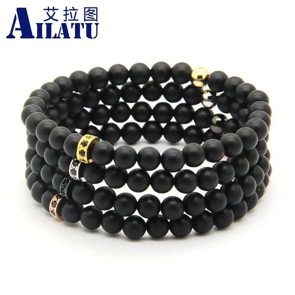 Ailatu Lady's Summer European American Fashion Brand 6mm Matte Onyx Stone with Micro Inlay Black Zircons Wheel Spacer Bracelet |