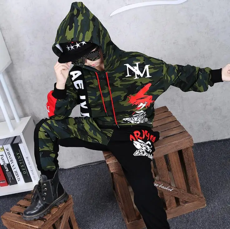 Army Green Весенний комплект одежды для мальчиков и девочек, танцевальные костюмы в стиле хип-хоп, Детские камуфляжные толстовки с капюшоном в армейском стиле, комплекты со штанами для детей 8, 10, 12, 14 лет - Цвет: Army Green