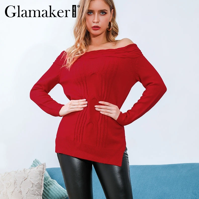 Glamaker сексуальный свитер с разрезом и открытыми плечами джемпер женский вязаный