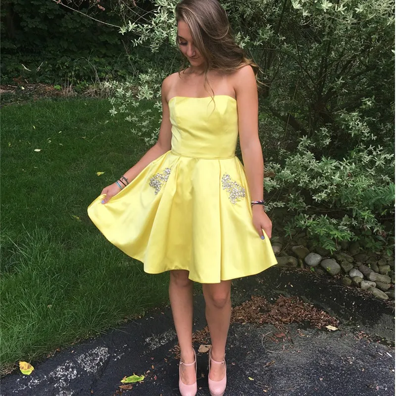 Элегантные желтые атласные Выпускные платья 2019 сексуальные короткие до колен с