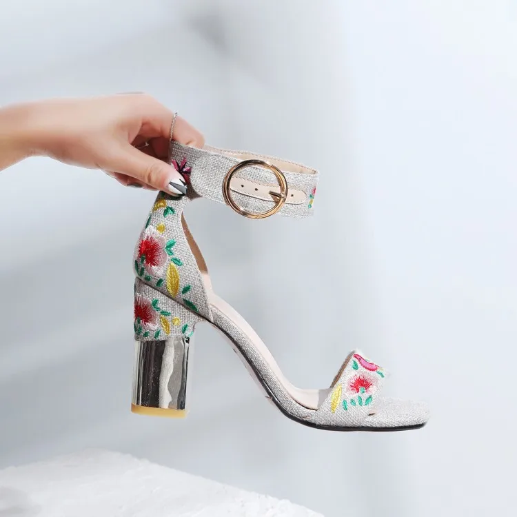 

2018 New Arrival Kncokar Basic Super High (8cm-up) Square Heel Canvas Peep Toe Casual Buckle Strap Rubber Rubber Summer Fashion