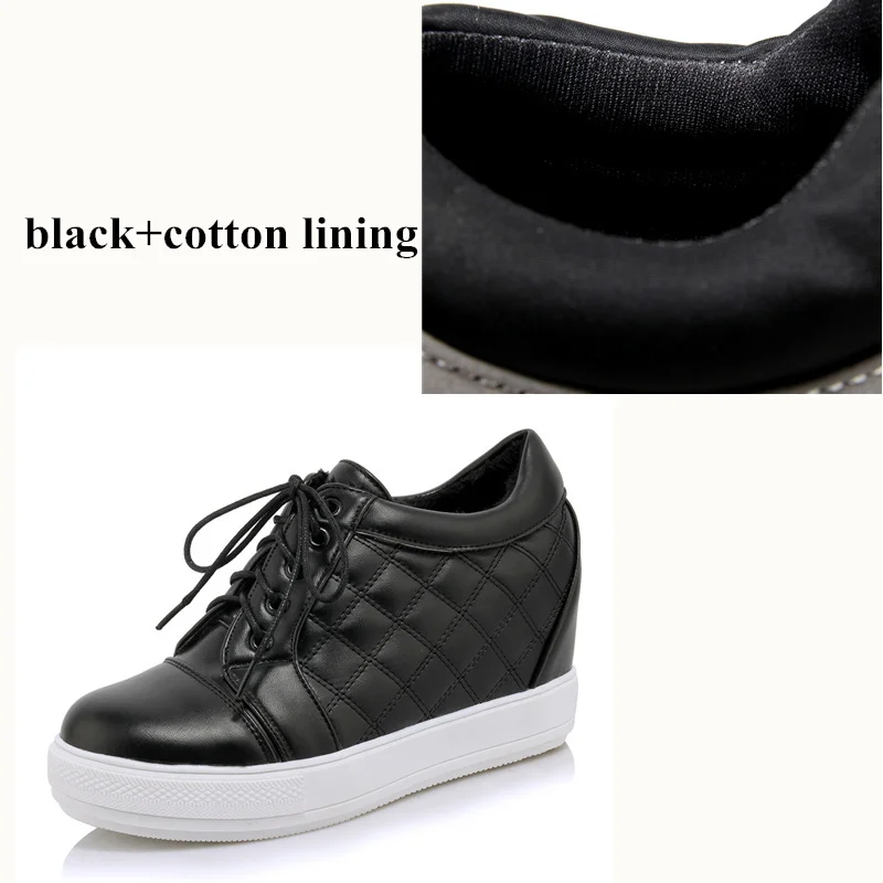 black with cotton Вулканизированная обувь; женские кроссовки с мехом; Дизайнерские кроссовки на скрытом каблуке; зимние меховые теплые кроссовки; цвет черный, белый, розовый; женская обувь - Цвет: black with cotton