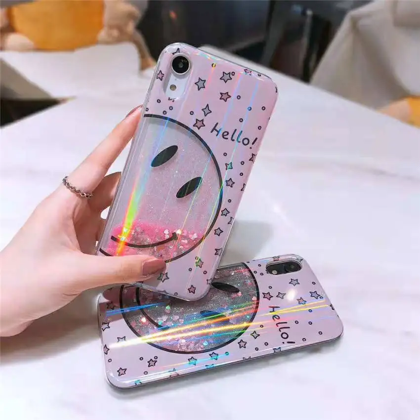 Clear Glitter Quicksand Phone Back Cover For iPhone XR XS MAS 6s 7 8 Plus Bling Dazzle Color Hello Greeting Big Smile Face Cases |
