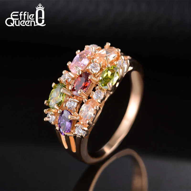 

Effie Queen Beautiful Color Zircon Flower Ring Luxury Rose Gold-color Women Wedding Engagement Rings Party Jewelry DOMR01