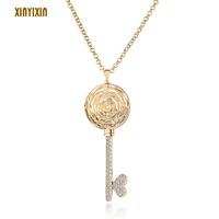 big rose pattern crystal inside key pendant necklace for women gold hollow heart key long necklace sweater accessory party gift