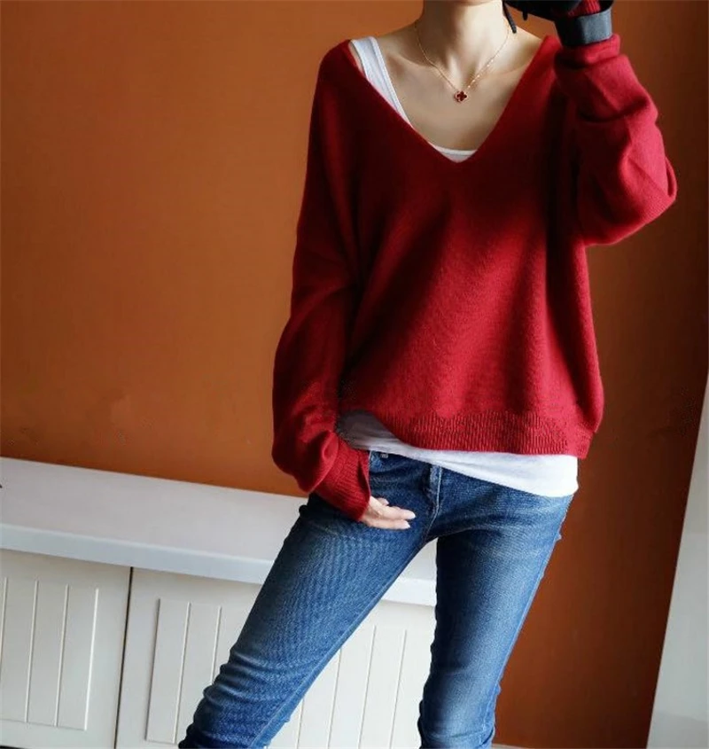new fashion cashmere knit women casual sweater pullover big V-neck batwing sleeve 8color S/M/L
