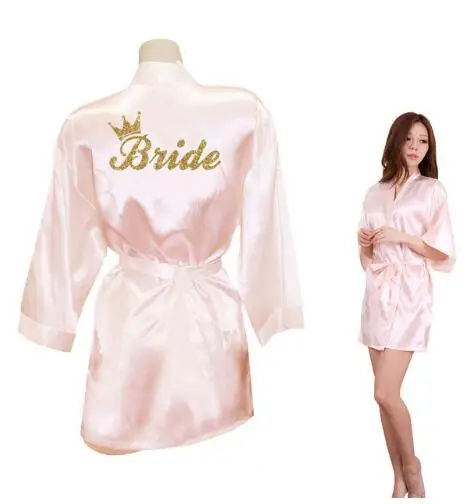 pink Bride Свадебное кимоно с золотым блестящим принтом для невесты, женская одежда из искусственного шелка для девичника, свадебная одежда - Цвет: pink Bride