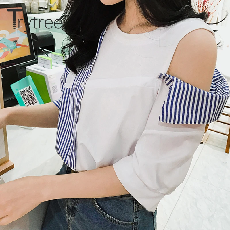 Trytree/летние женские Полосатые блузки Повседневная рубашка из полиэстера и хлопка