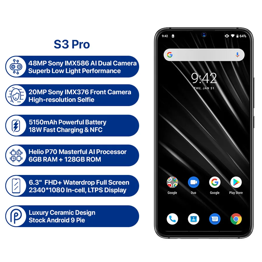 Umidigi S3 Pro Android 9,0 5150 мАч NFC Смартфон Восьмиядерный 6 ГБ ОЗУ 128 Гб ПЗУ 6," FHD+ 48 Мп+ 20 МП AI камера керамический сотовый телефон