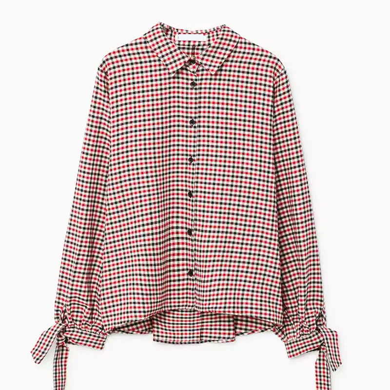 Женская клетчатая рубашка с длинным рукавом, отложной воротник, свободная, Blusas Femme, осенняя, на шнуровке, рубашка, повседневные топы
