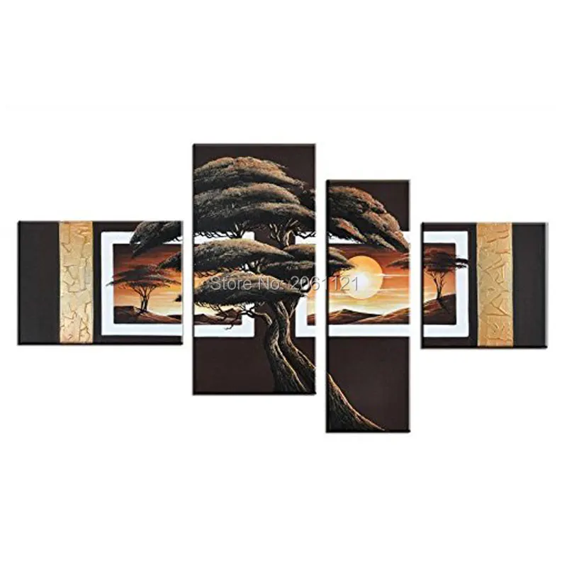 Ручная работа 4 панели картина маслом на дереве коричневое золото современное