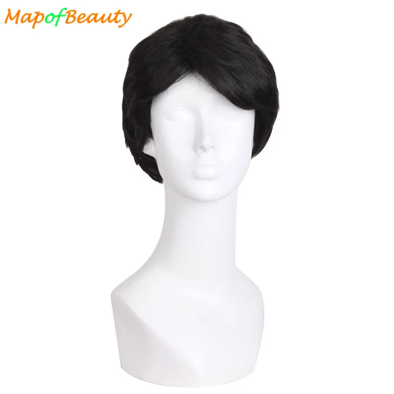Mapofbeauty Короткие вьющиеся натуральный парики для мужчин жаропрочных черный