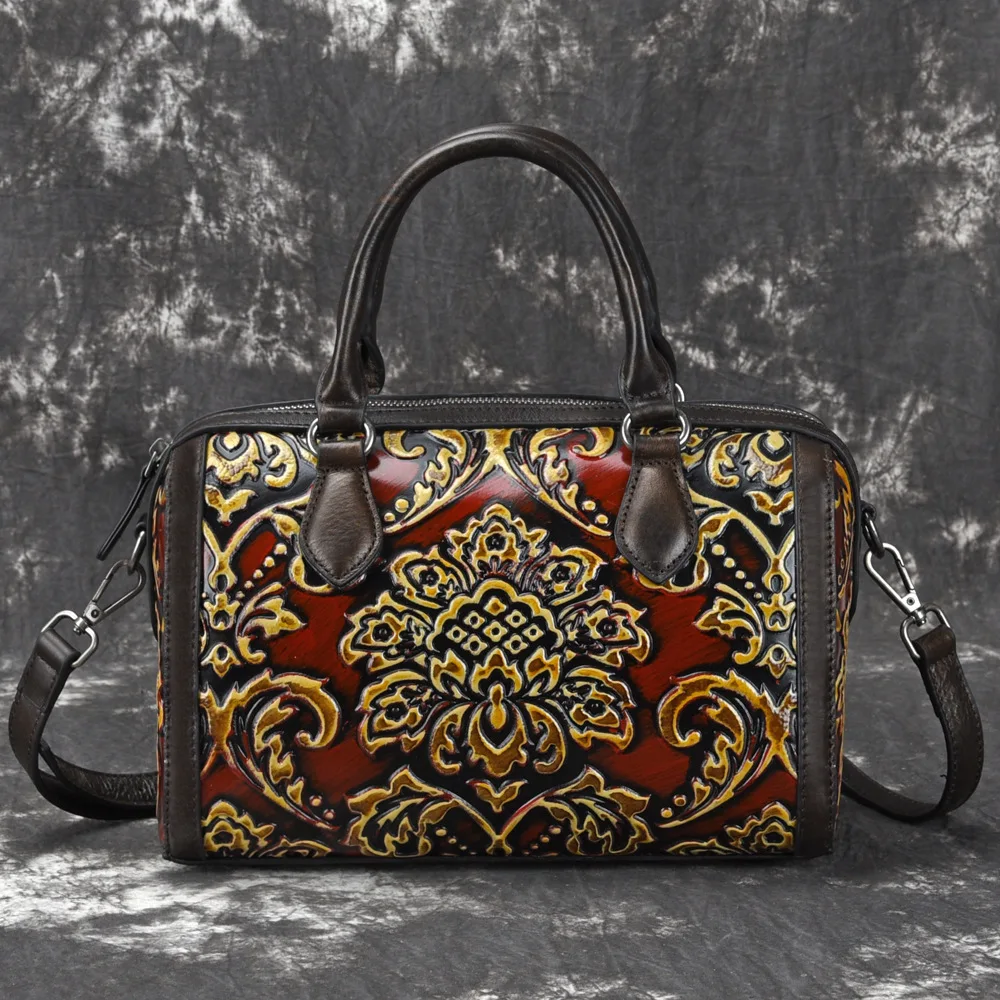 

Handmade Vintage Womens Genuine Leather Handbags ladies Retro Elegant Shoulder Messenger Bag Embossed Floral Bolsas Shoulder bag