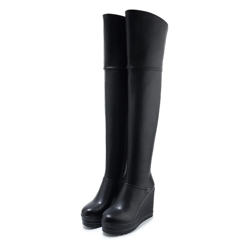 genuine cow leather fashion hot sale wedge high heels over the knee winter boots woman shoes women black shoes woman boots