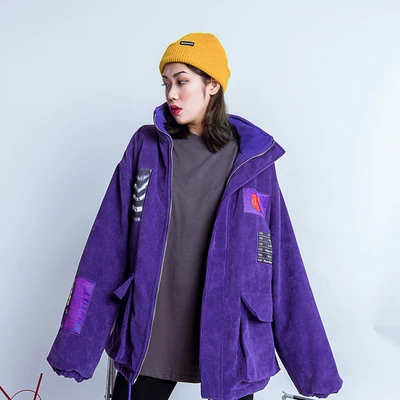 Фиолетовый Hip-hop Chao brand corduroy oversize winter rope-pulling cloth with cotton jacket and loose BF tooling coat - Цвет: Фиолетовый