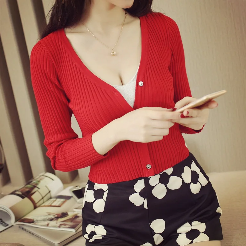 Женский Однотонный свитер с длинным рукавом и V образным вырезом|short cardigan|cardigan