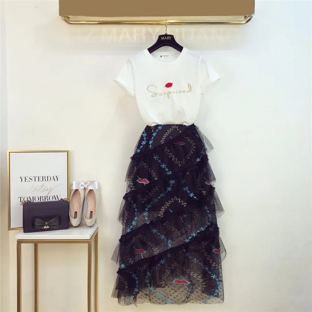 2019 летние женские Модные футболки с надписями + вышивка Юбка из сетчатой ткани