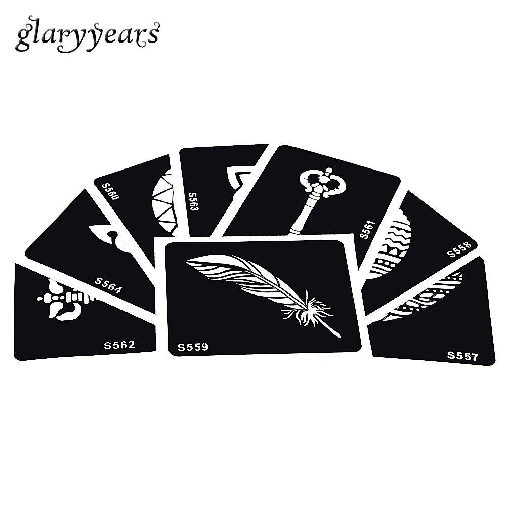 Трафаретная паста для татуажа 8 листов цветной рисунок в виде листьев и перьев