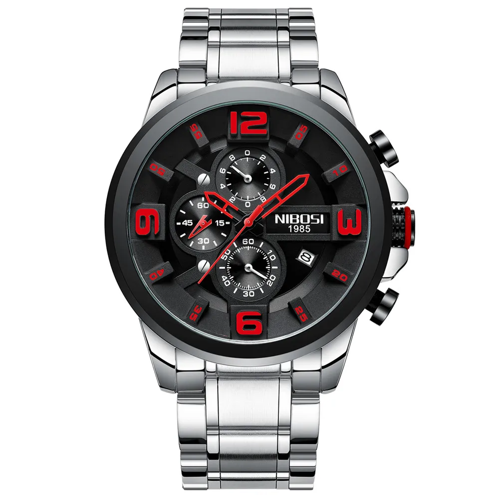 Silver Black Red NIBOSI часы с большим циферблатом мужской роскошный бренд часов Аналоговые мужские военные часы Reloj Hombre Whatch Мужские кварцевые мужские спортивные часы - Цвет: Silver Black Red