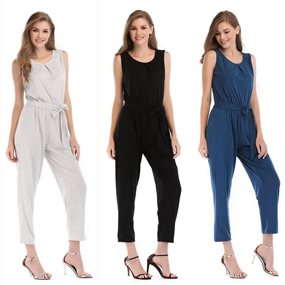 2018 Women Sleeveless Jumpsuits Solid Slim Waist Female Elegant Bodysuits O-neck OL Rompers Playsuits Long Pants | Женская одежда