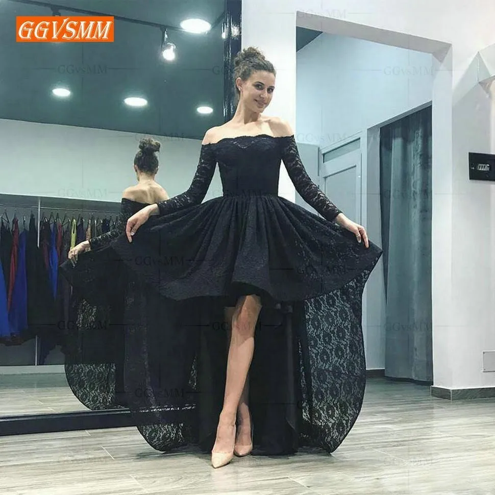

Fashion Black Lace Prom Dresses Long Sleeve Off Shoulder Short Women Dress Banquet vestidos de fiesta largos elegantes de gala