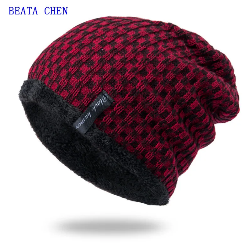 Beata Chen Men's hats winter youth warm and thickened knitted woollen hat fleece cotton head | Аксессуары для одежды
