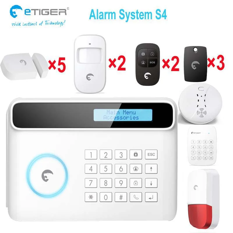 Система домашней сигнализации Etiger S4 беспроводной gsm 5 с датчиком движения и дыма