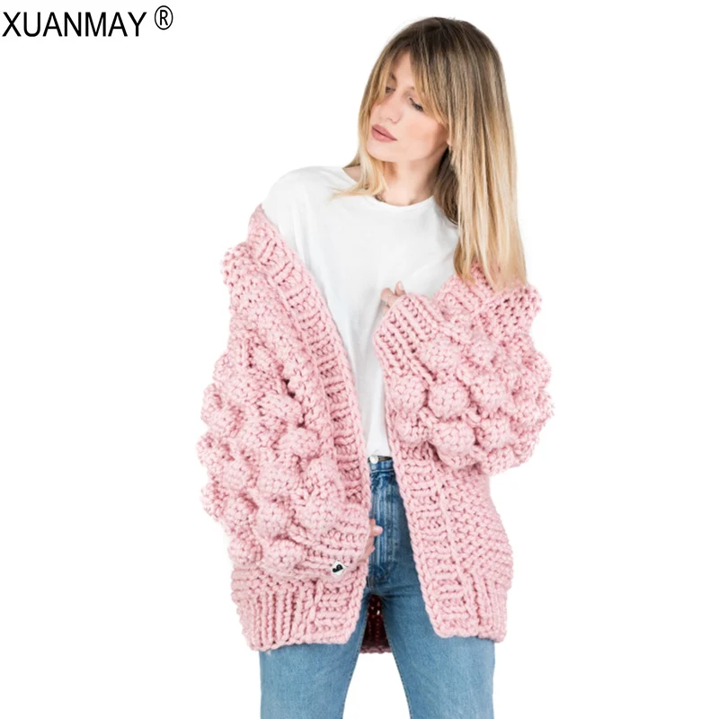 Winter Women's Thick Cardigan Sweater Coat Wool Handmade Woven Shawl High Street Style Warm Pink |