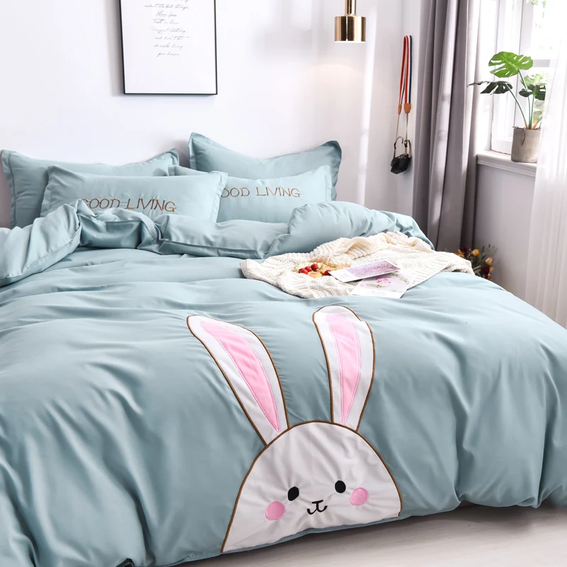 Комплект постельного белья из хлопка с аппликацией милого мультяшного кролика и