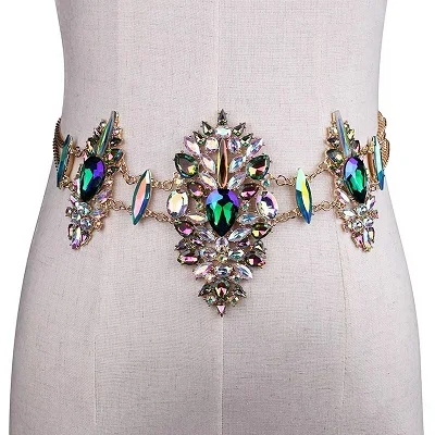 Зеленый Роскошные, украшенные кристаллами ремни для платьев женские красочные широкий пояс Размер Регулируемый - Цвет: Зеленый