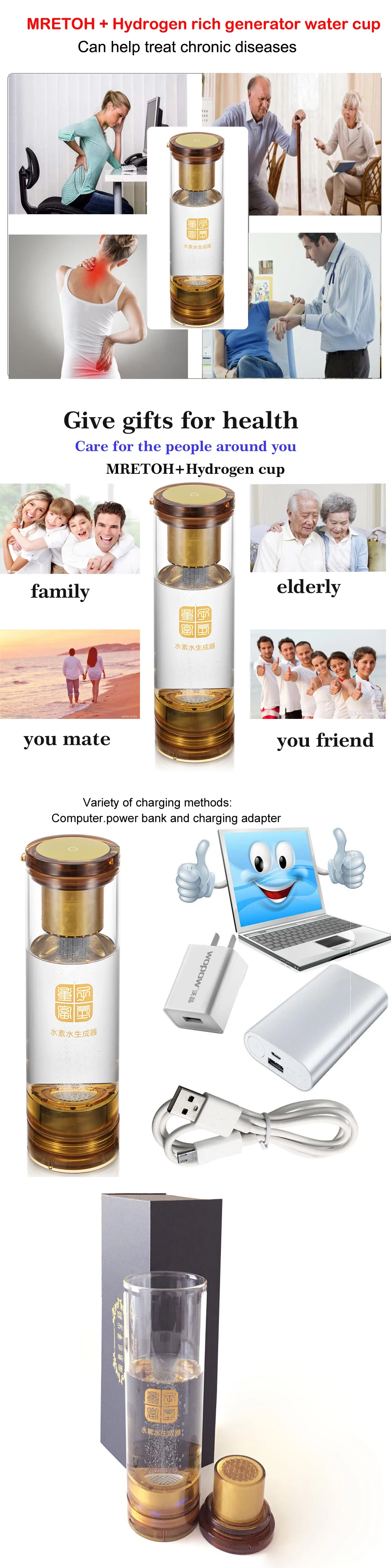 Водород богатый+ MRET OH+ стекло имплантированный Квантовая чашка USB Перезаряжаемый беспроводной передачи сенсорный выключатель водорода генератор