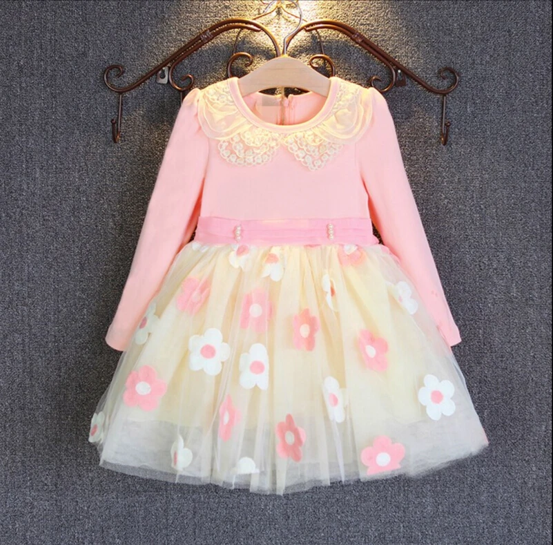 2016 новинка детская одежда для девочек Платье с длинным рукавом и цветочным