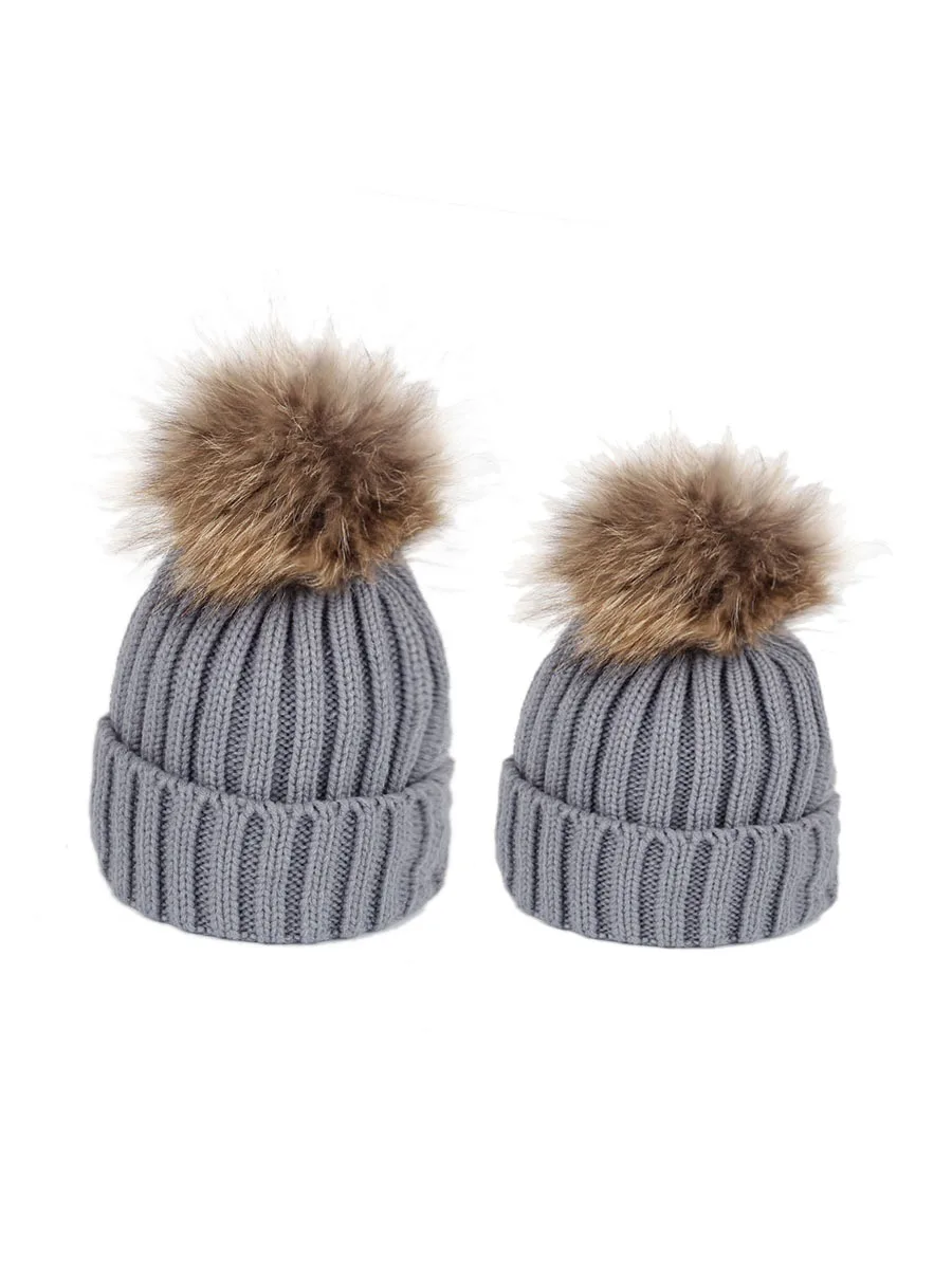 gray set Шерстяная шапка с помпонами из натурального меха для родителей и детей - Цвет: gray set