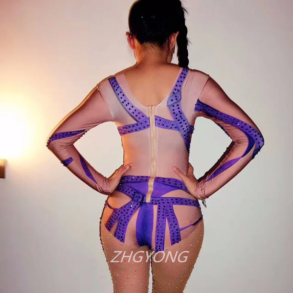 Purple leotard bodysuit Bright Crystals female sexy costumes Bar DJ DS performance Costume Nightclub Pole dancing stage clothing