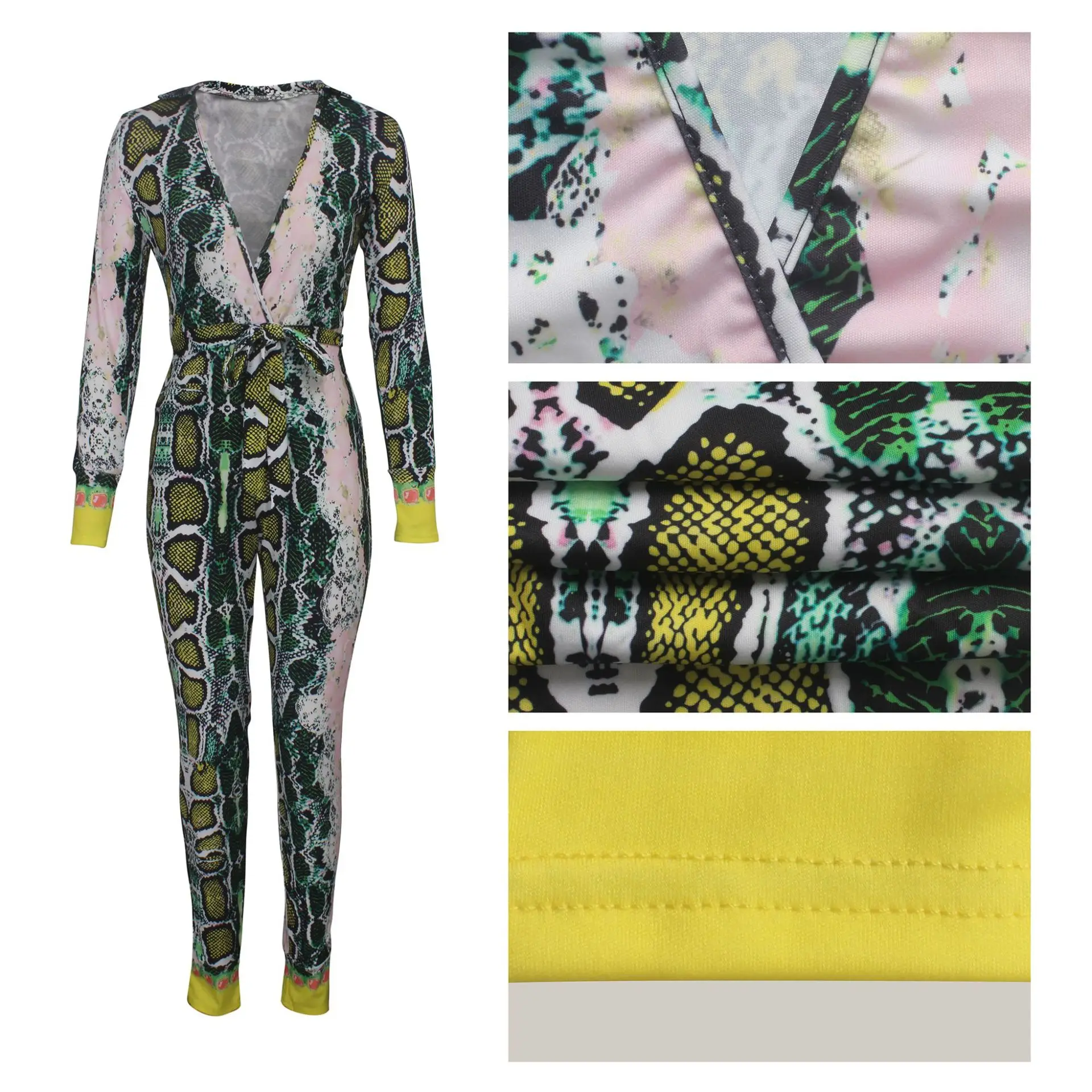 Сексуальный цифровой змеиный принт глубокий v образный вырез длинный рукав пояс