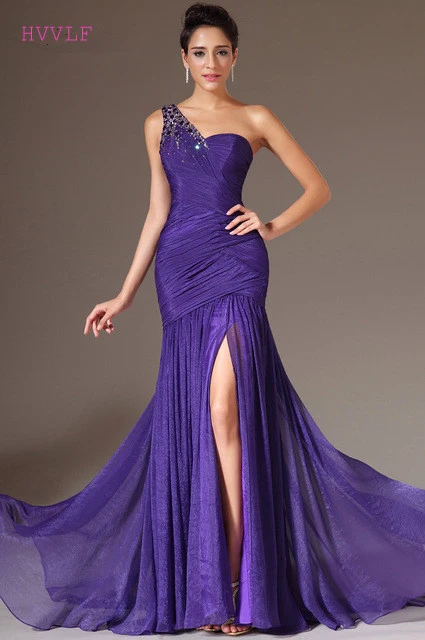 

Purple Evening Dresses Mermaid One-shoulder Chiffon Beaded Slit Plus Size Long Evening Gown Prom Dresses Robe De Soiree