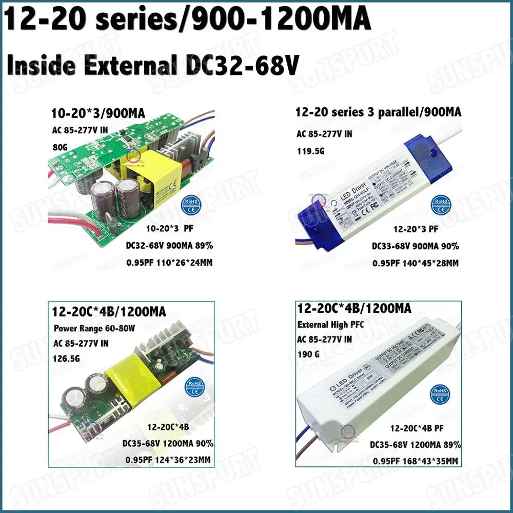 Внутри внешний высокий PFC CE 40-80 Вт AC85-277V светодиодный драйвер 12-20Cx3B 900mA 12-20Cx4B 1200mA DC35-68V постоянный ток