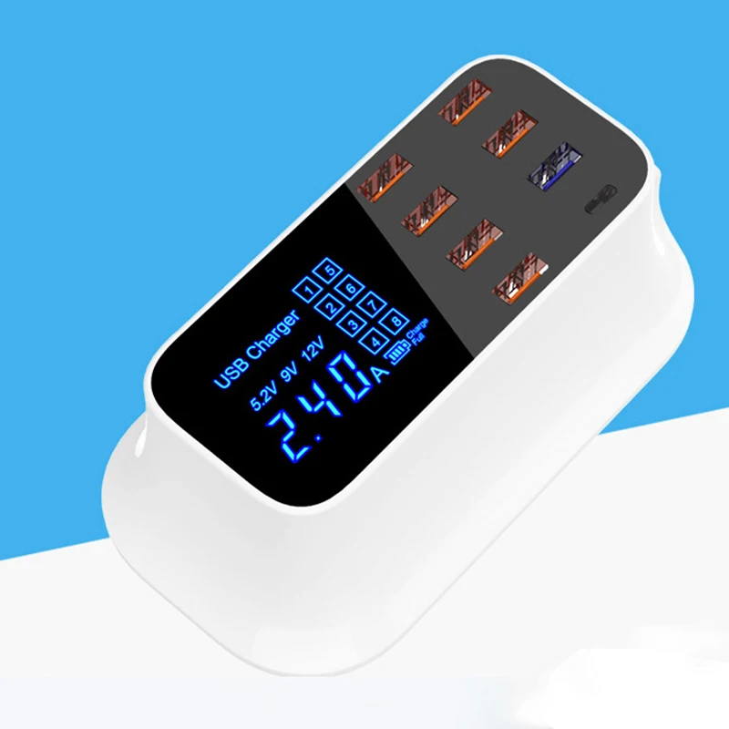 8 портов 40W USB зарядное устройство с ЖК-дисплеем QC3.0 + Type-C USB-C 5V 3A 9V 2A 12V 1.5A зарядная