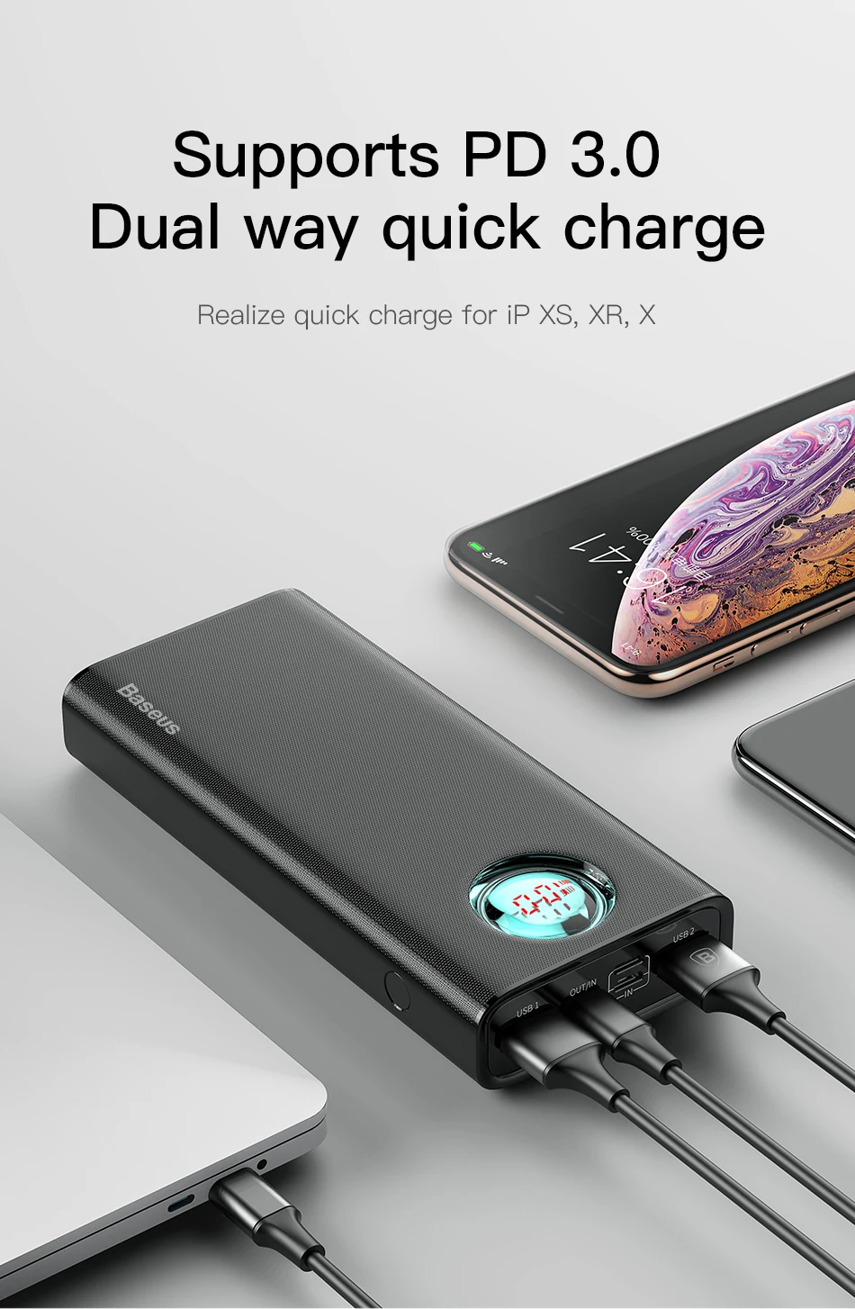 Baseus, 20000 мА/ч, внешний аккумулятор для iPhone, samsung S10, usb type C, PD, быстрая зарядка+ 3,0 USB внешний аккумулятор