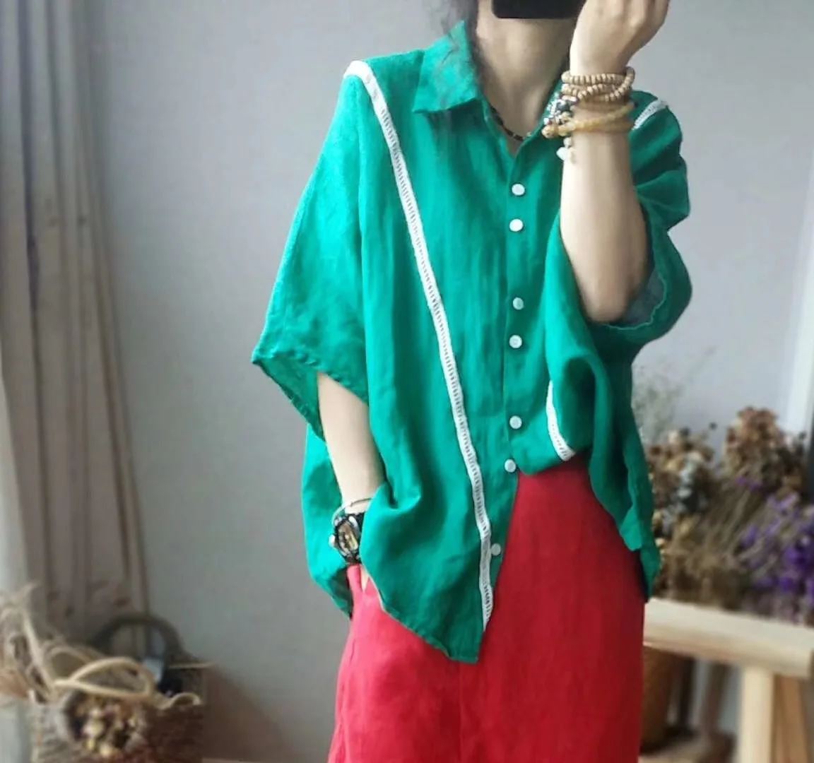Women Bat Sleeve Plus Size Shirt Blouse Female Casual Vintage Cotton Linen Shirts Ladies Loose Tops 2019 Summer Flax |