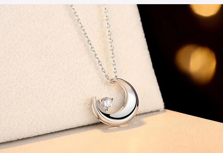 925 Sterling Silver Moon NecklaceTrendy Fashion Charms CuteCubic Zirconia Crystal Necklaces Women Girl Pendant Jewelry | Украшения и